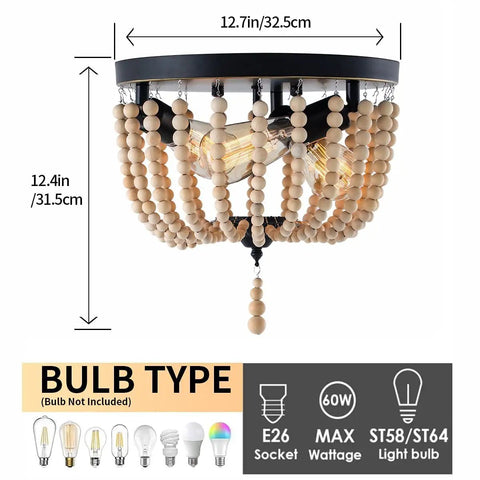 Farmhouse Wood Beaded 3 Light Flush Mount Ceiling Light with dimensions and bulb type, Boho Chandelier Style Vintage Lighting.