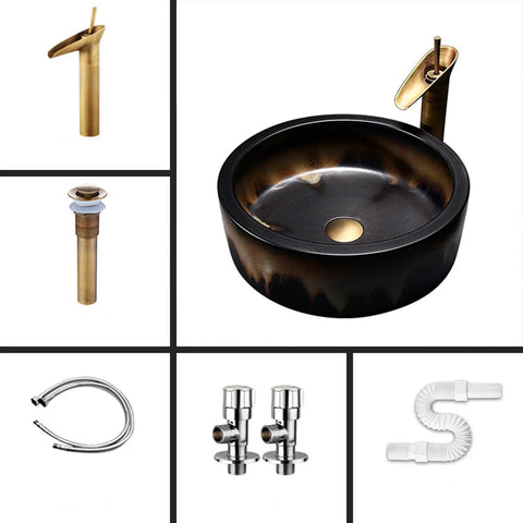 USZWBY Round Bathroom Vessel Sink with Faucet Combo 16.1" Art Wash Basin for Countertop Vanity with faucet and drain components