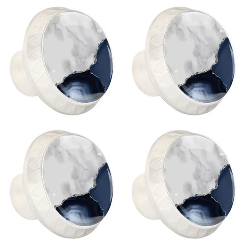 Four Pack Slick White Marble Glass Drawer Knobs With Bold Navy Blue Highlights For Kitchen Cabinets Dressers And Vanities Top Shelf Crystal Pulls, 35mm x 28mm