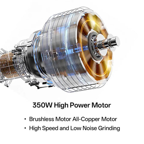 Electric Single Dose Coffee Grinder Kicks It Up Notch With Plasma Anti Static Magic And 63 Mm Conical Burrs For Zero Retention Serves You Perfect Grinds Every Time Via Stepless Dial And 350 W Motor showing 350W copper brushless motor.
