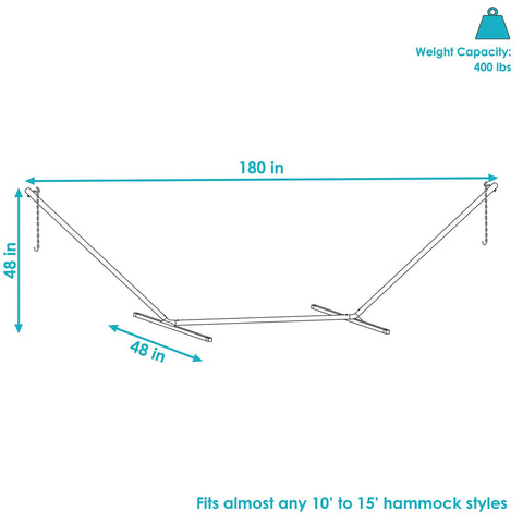 Go To Double Hammock Stand For Outdoor And Indoor Use 400 Pound Capacity 15 Foot Frame With Black Powder Coated Finish Weather Resistant Heavy Duty Hammock Stand With 20 Inch Heavy Gauge Chains, diagram showing dimensions.