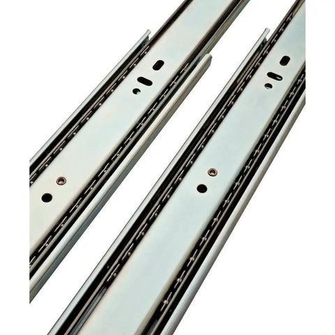 Close-up of Heavy Duty 14 Inch Ball Bearing Drawer Slides with Full Extension, Steel Zinc Plated, showing smooth opening mechanism.