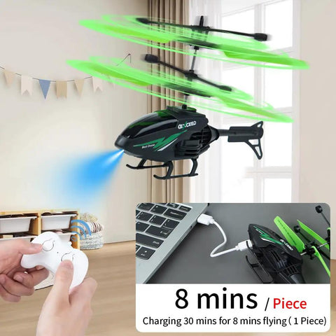Three Pack Gesture Sensing RC Toys For Kids flying indoors with remote control, showcasing helicopter with lights and charging information