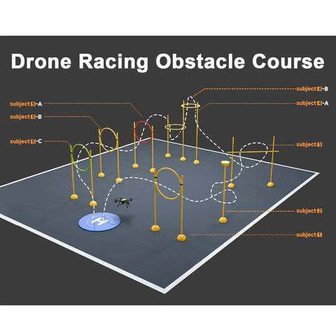 Dope High Speed Drone Racing Obstacle Course Kit With 60cm Takeoff Pad 53 Piece Practice Arena layout diagram and tracks.