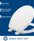 Linden Soft Close Toilet Seat 2 Pack Non Slip Heavy Duty Wood Round White Easy Install Made In USA Quiet Hinges Will Not Wiggle Front To Back Adjustable Fit