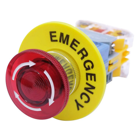 Heavy Duty 22mm LED Emergency Stop Push Button Switch With 1 NC 1 NO Contacts And 6 Terminals 110 120V Indicator Latching Panel Mount 10A 440V AC Easy Install For Industrial Machines And Control Panels