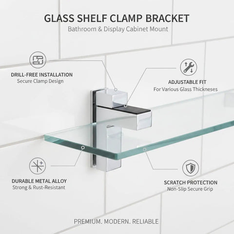 Compact Metal Alloy Clamp Bracket For Glass Shelves Adjustable Drill Free Mount in tiled bathroom wall with glass shelf