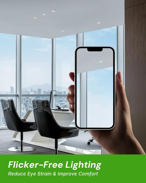 YOVELOS 6-Pack 10W Trimless Recessed LED 3 Inch Slim Spotlight in modern office with flicker-free lighting.