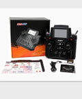 Top Tier 18 Channel RC Transmitter With 3.5 Inch TFT Touchscreen And Crisp 5D Hall Sensor Gimbals For Excavators Loaders And Military Trucks includes manual and accessories.