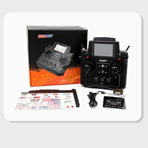 Top Tier 18 Channel RC Transmitter With 3.5 Inch TFT Touchscreen And Crisp 5D Hall Sensor Gimbals For Excavators Loaders And Military Trucks includes manual and accessories.