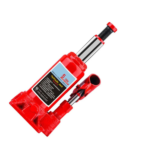 Heavy Duty 5 Ton Hydraulic Bottle Jack For Cars And Trucks with red steel body for vehicle lifting and maintenance.