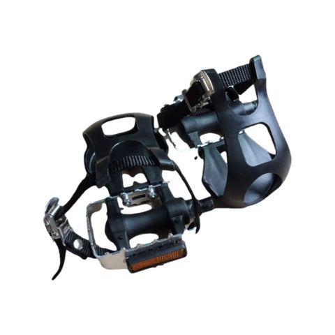 1 Pair Bike Pedals With Toe Clip And Strap For Indoor Outdoor Cycling, Rugged Toe Clips Cage For Road And Mountain Bikes, MTB Ready, Adjustable Nylon Straps, Black