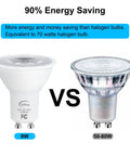 90% energy saving comparison between GU10 LED Light Bulb 5000K Daylight White, 70W Halogen Equivalent and halogen bulb