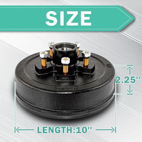 Built To Rock 10 X 2-1/4 Inch Trailer Brake Drum And Hub Assembly For 3500 Lbs Axle, showing size dimensions and bolt pattern.