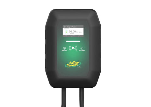 Level 2 Wall Mounted EV Charger With 40 Amp Fast Charging And 25 Foot Flexible Cable NEMA 14 50 Plug front view with display.