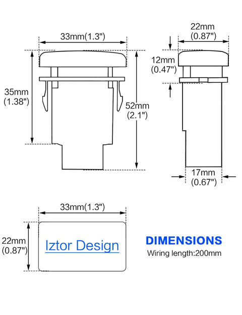 12V Blue LED Push Button Switch Waterproof Toggle With 4 Wire Connector Kit For Car Modifications dimensions diagram.