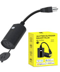 Matter Ready Outdoor Smart Plug WiFi Heavy Duty IP65 Weatherproof Outlet 15 Amp Compatible With Alexa Google Home HomeKit SmartThings Smart Life Remote Control in black with packaging