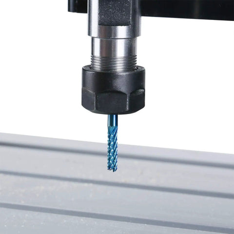 Close-up of a CNC machine with a nano blue-coated end mill, part of a 10-piece Nano Blue Coat End Mills Set For CNC Router Bits.