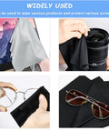 Microfiber cleaning cloths 6x7 in, 20-pack black/gray for eyeglasses, screens, and camera lenses; collage of four uses.