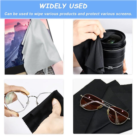 Microfiber cleaning cloths 6x7 in, 20-pack black/gray for eyeglasses, screens, and camera lenses; collage of four uses.