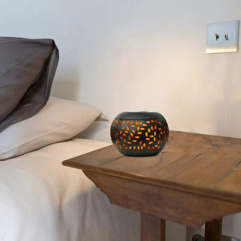 Solar Table Lantern With Dancing Flickering Flame LED Light Outdoor Waterproof Black Metal Desk Lamp on bedside table