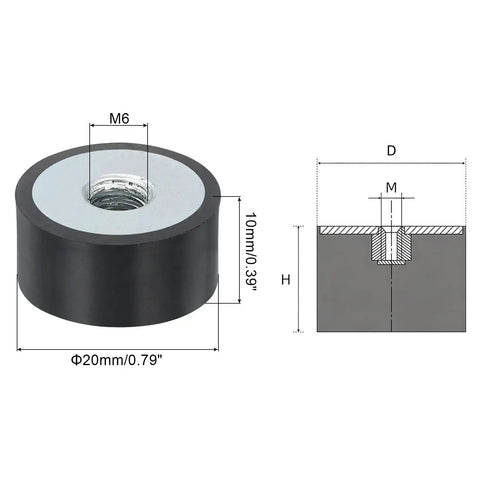 Smooth Ride Rubber Mounts With M6 Female Thread, 20X10mm Vibration Isolator Pads showing detailed measurements and design.