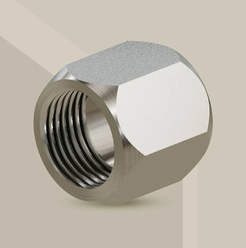 Close-up of Complete Three Eighths Inch JIC 37 Degree Cap and Plug Kit Dash 06, steel fitting, threaded design