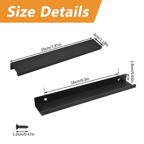 Size details of Matte Black Finger Edge Pulls 4 Pack Concealed Modern Drawer Handles, aluminum, 200mm length.