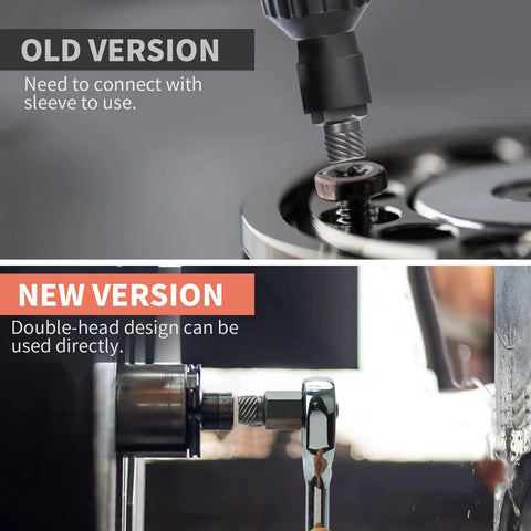 Comparison of old and new version of 27 Piece Screw Extractor Set Includes Three Eighths Inch Impact Double Head Easy Out Bolt Remover Kit with tool in use