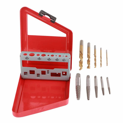 Top Tier 10-Piece Drill Bit Screw Extractor Set Made From Heavy Duty Alloy Steel Left Hand Extractor Kit For Removing Broken Stuck Screws In Garage Shop And Heavy Equipment Jobs That Are Totally Worth The Hype. red case with 5 drill bits and 5 extractors