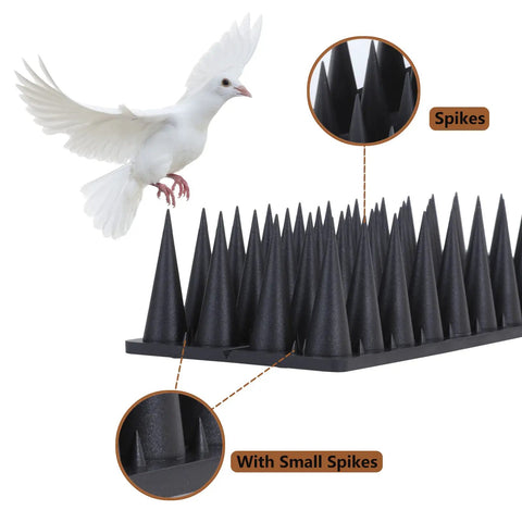 Durable Bird Spikes 20 Pack For Outdoor Fences And Roofs, 18.7 Feet Coverage To Deter Pigeons, shown resisting a bird landing