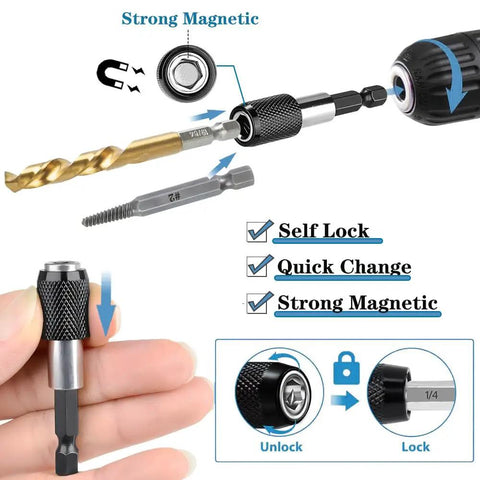 11 Piece Stripped Screw Extractor Set With Left Hand Drill Bits And Bolt Extractors For Removing Damaged Screws Bolts And Studs Quick Change Adapter Included Hex Shank Beast DIY Ready shown with self-lock and magnetic features.