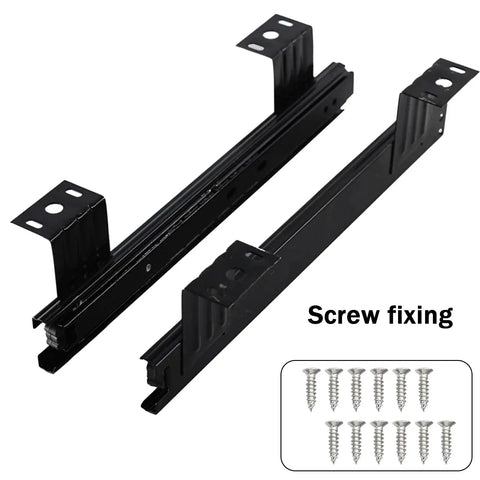 Two Pack Cabinet Drawer Slides With Telescoping Rails And Full Extension Three Fold Design Heavy Duty Steel Construction Rust Resistant Black Finish Removable Three Section Slides For Under Desk Keyboard Tray Smooth Quiet Glide, screw fixing and screws