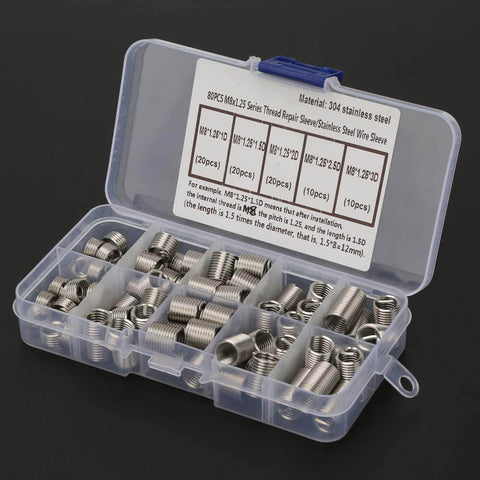 80Pcs M8x1.25 Threaded Inserts Kit In Stainless Steel For Reliable Thread Repair And Reinforcement Anti Loosening Design Durable Drill Sleeve With Handy Storage Box Great For Auto DIYers Furniture Pros And Metal Projects displayed in plastic box