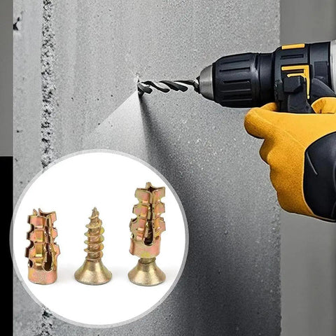 Heavy Duty 6x14mm Metal Wall Anchors Kit 100 Pcs For Drywall Wood Ceramic Tile And Gypsum Board Serrated Expansion Anchors That Lock Tight And Prevent Slippage For Cabinet Hinge Repair And Quick Secure Mounts brass anchors and drill bit on drywall