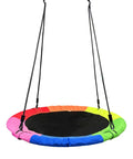 Multi-colored 40 inch saucer tree swing for kids with 900D Oxford waterproof fabric and 900 lb weight capacity, adjustable hanging straps.