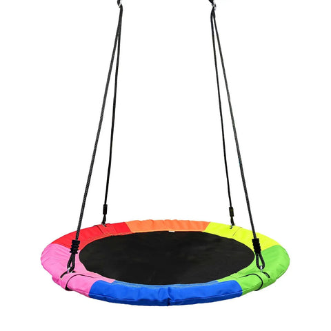 Multi-colored 40 inch saucer tree swing for kids with 900D Oxford waterproof fabric and 900 lb weight capacity, adjustable hanging straps.