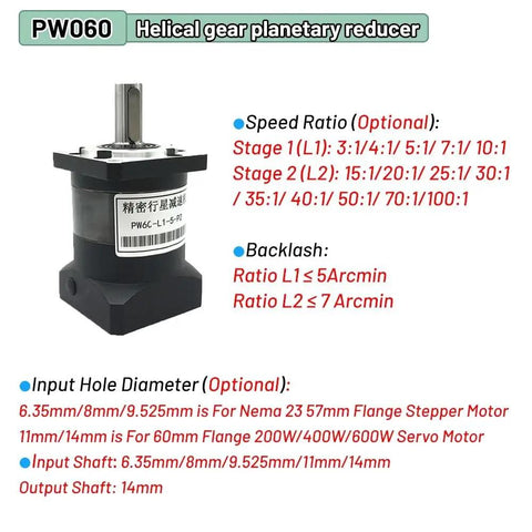 Heavy Duty Workhorse Planetary Gearbox Helical Gear Reducer For 86 Stepper Motors With 14mm Shaft And 70 To 1 Reduction schematic with specifications.