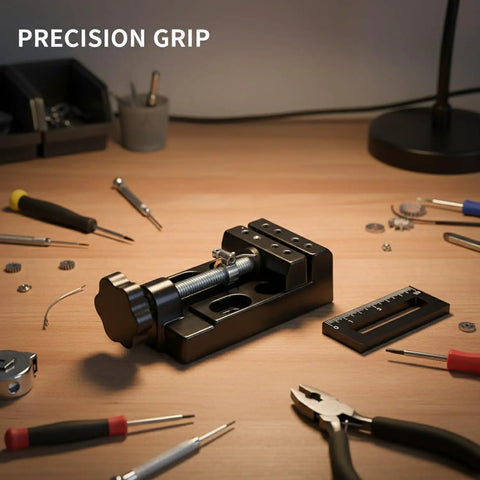 This Mini Aluminum Alloy Bench Vise Is A Compact Clamp Perfect For Jewelry Making And Precision Crafts on a workspace.