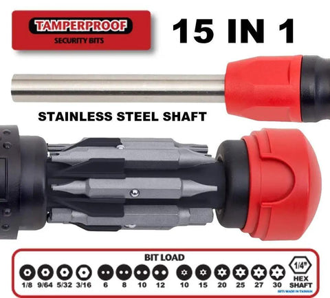 Tamperproof 15 in 1 Multi Bit Screwdriver with stainless steel shaft and bit load chart displayed.