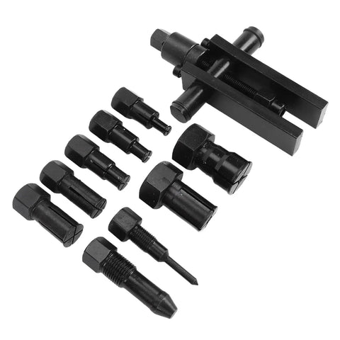 Thinking Process: motorcycle wheel hub bearing removal tool, black heat-treated steel, 20-piece collet set, 8-25 mm