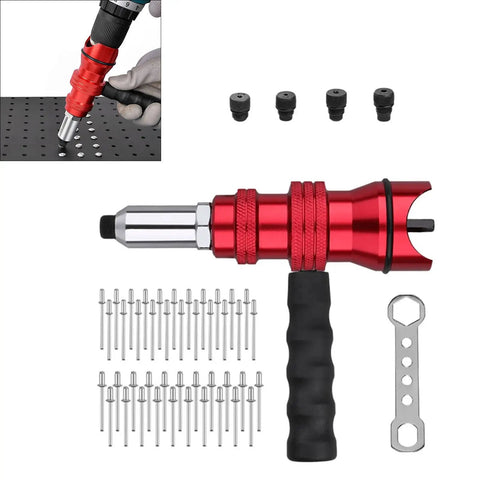 Upgrade Your Gear With This Ultimate Durability Drill Adapter For Riveting That Slaps With 100 AntiCorro Coated Rivets Perfect For Trailer Hacks HVAC Fixes And Snagging Stuck Bolts In Hard Metal Jobs Fast. Red drill rivet adapter with 100 rivets, brass tips, and wrench