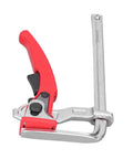 Heavy Duty Ratcheting Table Clamp Hardcore Rail Fixture For Woodworking and Rock Solid Material Stabilization Built With Premium Chrome Steel For Pro Shops close-up view showing red handle and silver metal components.