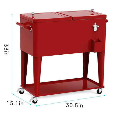 80 Quart Rolling Ice Chest Cart Portable Beverage Cooler With Bottle Opener Cap Collector And Storage Shelf For Patio Parties BBQs And Beach Days Go To Party Essential Outdoor Fun Red