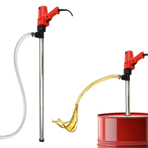 No Sweat 1980W Electric Fuel Transfer Pump For 55 Gallon Drums with stainless tube and hose transferring diesel from drum.
