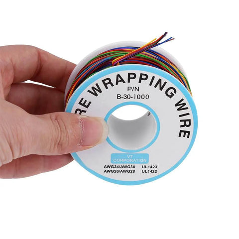 Hand holding 280M 30AWG Copper Test Wire With Eight Color Insulation Eight Wire Bundle Tinned Copper Core spool