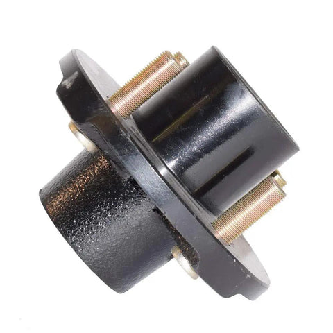 Four Bolt On Four Inch Hub Assembly With Two One Inch Square Shaft Spindles And Bearings Includes Castle Nuts And Cotter Pins For Secure Install.