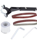 Heavy Duty Angle Grinder Belt Sander Attachment Kit With Six Pack Aluminum Oxide Sanding Belts For Wood Metal And Steel Finishing Projects Smooth Results Every Time includes adapter, sanding belts, and tools.