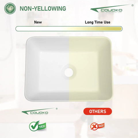 Non-yellowing white rectangular sink comparison, showcasing durability and color retention over time.