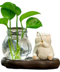 Glass vase with green cuttings on wooden base, Dope Glass Propagation Station With Wood Display Vases For Water Rooting